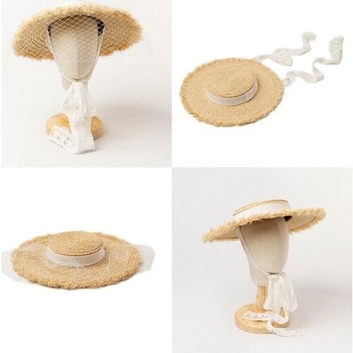 2021 Kids Boys Girls Summer Shallow Flat Top Straw Hat Wide Brim Banded Lace Ribbon Chin Strap Sun Beach Cap