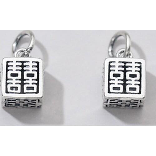 925 Sterling Silver Chinese Style Double Dappiness Square Charms 10mm Stereo Craftwork Fashion Silver Pendants DIY Jewelry Make