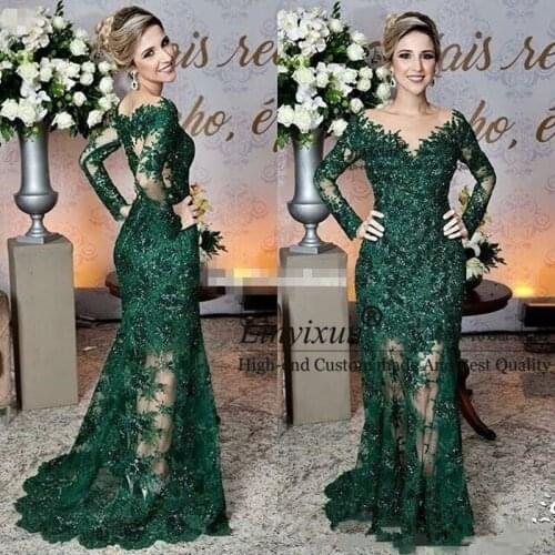Sparkly PromDresses Long Illusion Sleeve Vintage Dark Green Formal Evening Dresses Lace Appliques Mermaid Prom Party Gowns