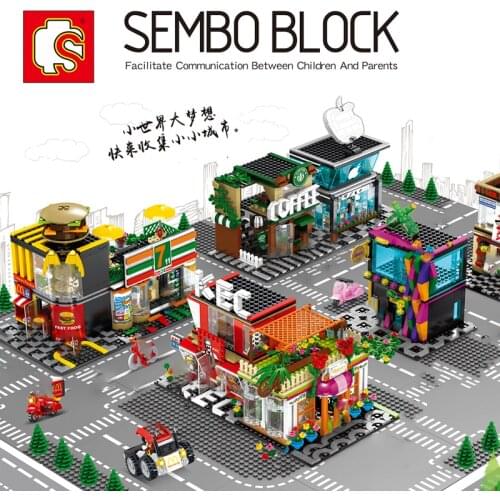 Sembo blocks city mini street store shops sest house model coffee building bricks restaurant creative architecture super market