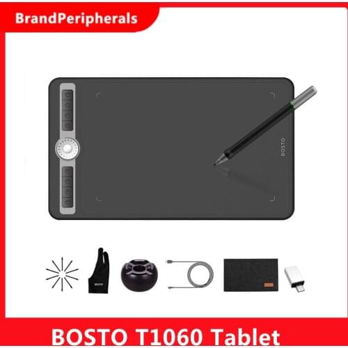 BOSTO T1060 10x6Inch Graphic Drawing Tablet Battery-free Stylus 10 Pen Nibs 8192 Levels Pressure 8 Express Keys Dial Controller