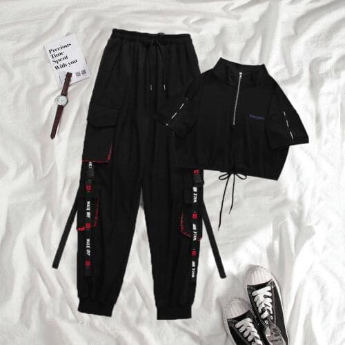 QWEEK Harajuku Cargo Pants Women Streetwear Two-piece High Waist Pants Black Ankle Length Jogging Trousers Gothic Oversize 2021