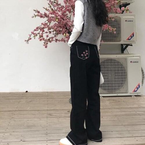 Summer Korean Fashion Loose High Waist Straight Wide Leg Black Flared Pants Casual Peach Blossom Embroidery Trousers Streetwear