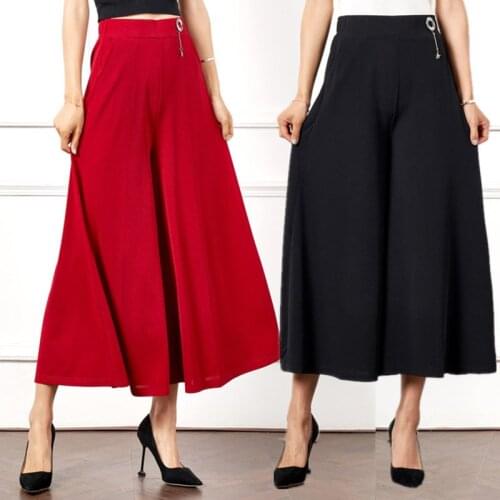 2019 spring and summer new fashion ladies large size thin section casual elastic waist nine points wide feet pants