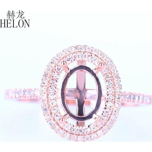 HELON Solid 14K Rose Gold Oval cut 8x6mm Semi-Mount Engagement Ring Pave 0.3ct Natural Diamond Wedding Ring Women Trendy Jewelry