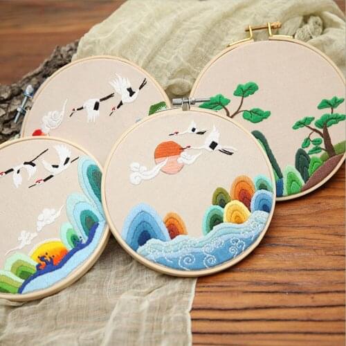 Chinese Longevity Crane Pine Cotton Cloth Unfinished Embroidery Kit DIY Embroidered Sewing Cross Stitch Set Crafts Material Bag