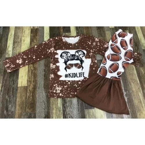 Boy and girl match football print shirt brown long sleeve clothing pants set