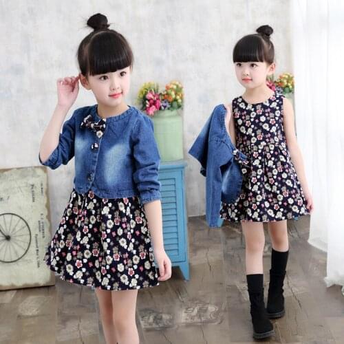 Baby Girls Clothing Spring/Autumn New Suit Children Sets Fashion Denim Jacket + Floral Dress Two Piece Princess Dress
