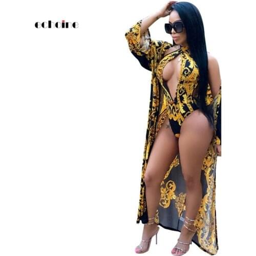 Echoine Women Fashion Two Piece Set Sexy Cross Bandage Print Cape Bikini Swimsuits Backless Sleeveless Bodysuits Suit Beach Coat