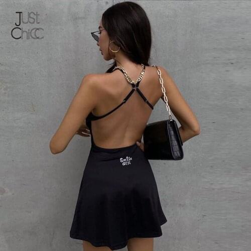 Justchicc 2021 Summer Neck-mounted Mini Dress Women Cross Back Solid Sexy Bodycon Dresses Backless Night Club Vestidos