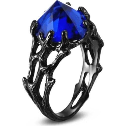 Trendy Black Gun Plated Stackable Round Section Pyramid Blue Cubic Zirconia Finger Ring Charm Jewelry