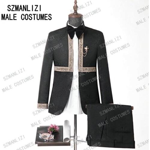 Costume Homme 2021 Formal Groom Men Dress Wedding Suits For Men Black Printed Floral Tuxedo Stand Collar Wedding Blazer Suits