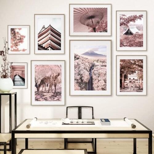 Nara Deer Sakura Canvas Painting Maple Leaf Mount Fuji Wall Art Monk Kimono Woman Posters and Prints Pink Pictures Home Decor
