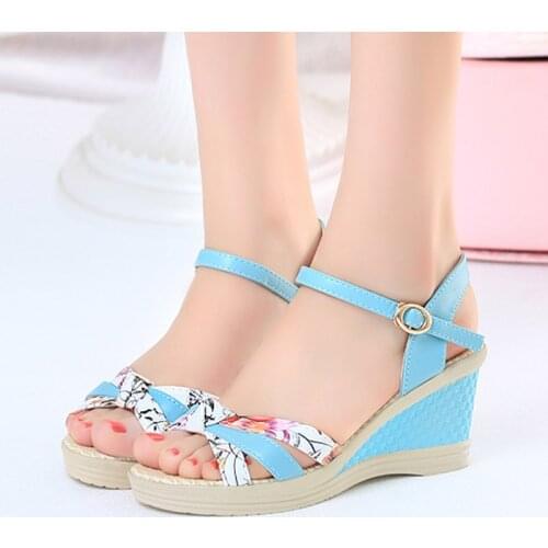 New 2021 Summer Wedges Sandals Flower Print High Heels Sandal Woman Roma Platform Sandal Peep Toe Sandalias Mujer Romeetse