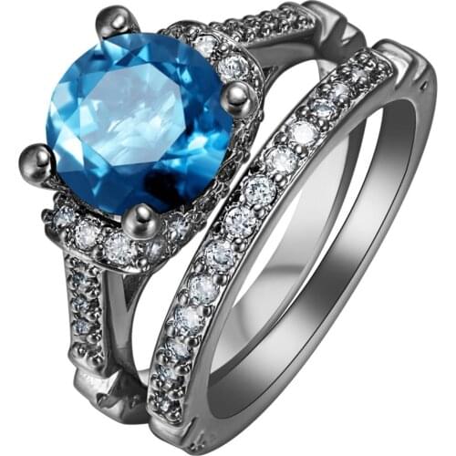 New Sky blue crystal paved on black Rings for women new fashion jewelry gift Princess 2pc czech zircon Engagement Ring Sets