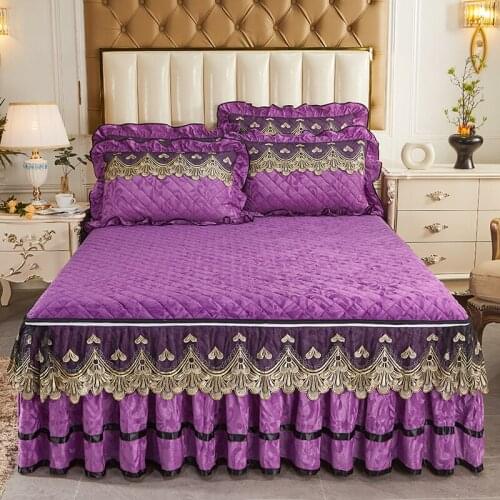 2020 new products Velvet cotton quilting Bed spread Fitted Sheet Pillowcases 2/3 pcs Solid color Double lace Princess bedding