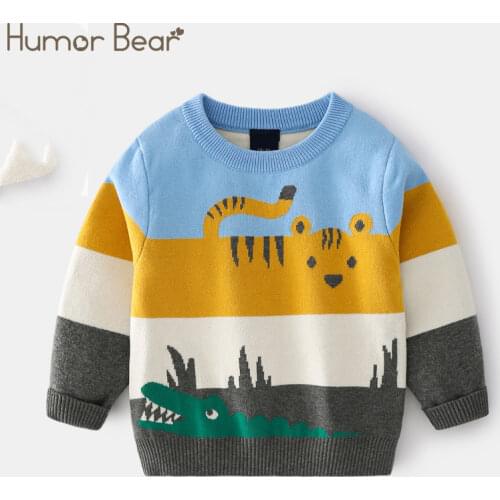 Humor Bear Boys Knitted Sweater Winter Autumn Long Sleeve Warm Casual Round-Collar Jacquard Pullover Printed Kids Top