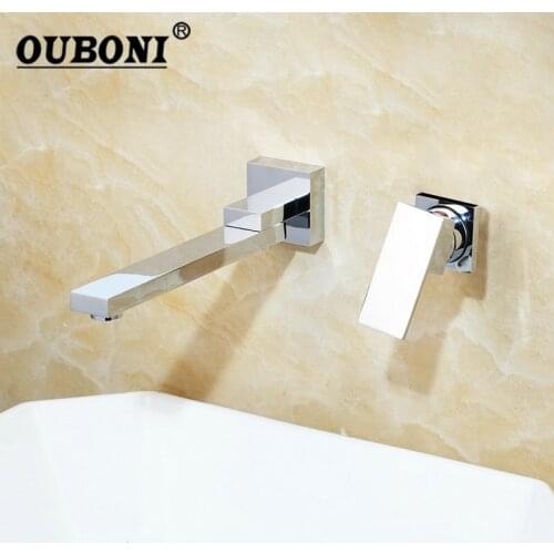 OUBONI Chrome Wall Mounted Soild Brass Swivel Spout Bathroom Bathtub Shower Faucet Mixer Tap 1 Handle 2 Pcs Faucets Mixer Tap