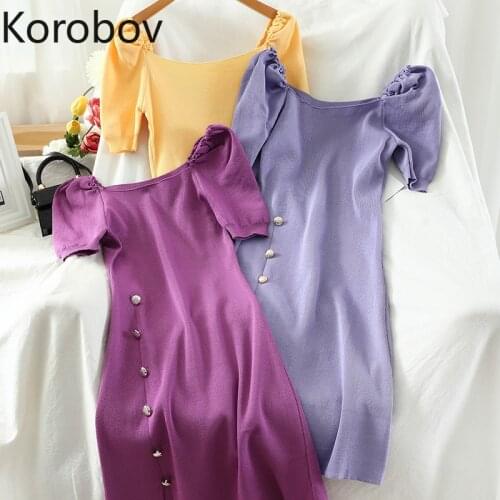 Korobov Korean Sold Short Puff Sleeve Square Collar Women Dress Vintage Preppy Style Slim Knit Dresses A-Line Sweet Vestidos