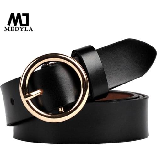 MEDYLA Womens Leather Belt Gold Round Buckle Natural Leather Belts for Women Simple Casual 5 Colors Decorative Waist Belt