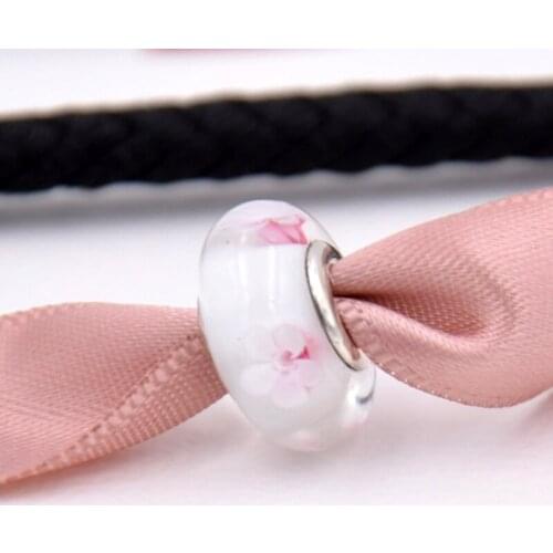 S925 Bead Murano Glass Charms fit Lady Bracelet Bangle Pink Cherry Blossom Charm DIY Jewelry