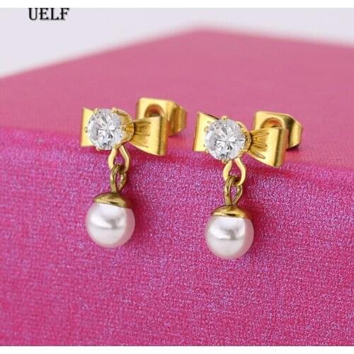 Uelf Bow-knot Earrings With Pearl High Quality CZ Stones Paved Gold Plating Stud Earrings Stainless Steel Jewelry Wholesale