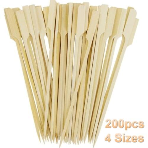 New 200pcs Natural Bamboo Shish Kabob Skewers Disposable Cocktail Sticks Picks Paddle Skewers For Barbeque Outdoor Grilling BBQ