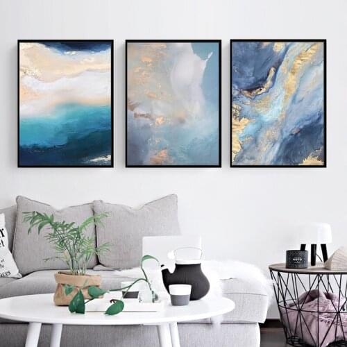 Modern Abstract Blue Marble Golden Foil Canvas Painting Wall Art Nordic Posters and Prints Wall Pictures for Living Room Decor