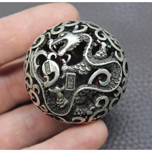 Old Chinese Tibetan silver Dragons and phoenixes Handball Round ball