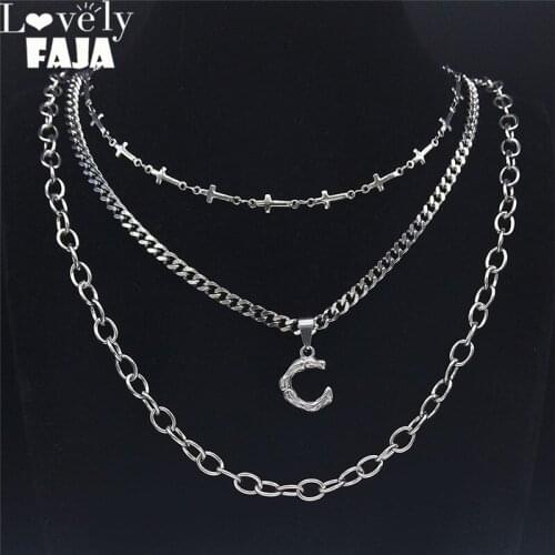Punk C Stainless Steel 3 Layer Letter Necklaces Chain for Women/Men Jewelry 2021 pendentif acier inoxydabl NXS03