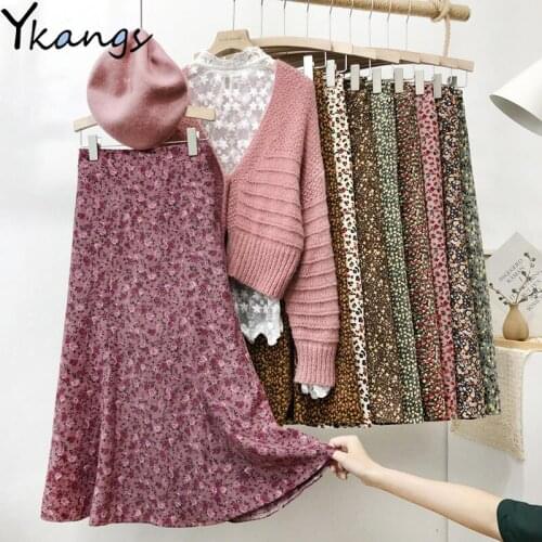 Vintage 9 Color Corduroy Winter Long Skirt High Waist A-Line Women Flower Print Maxi Skirt Korean Style Female Autumn Streetwear