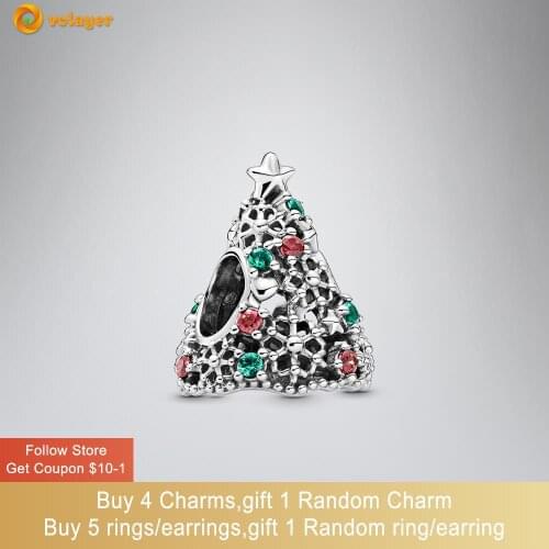 Volayer 925 Sterling Silver Beads Glitter Christmas Tree Charm fit Original Pandora Bracelets Women Jewelry Making Birthday Gift