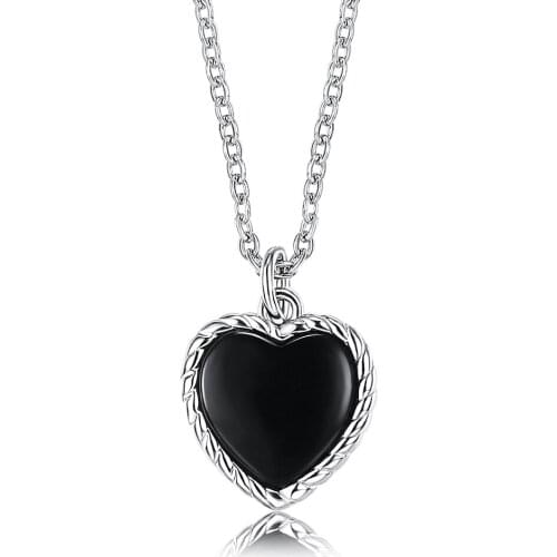 ZEMIOR 100% 925 Sterling Silver Black Heart Pendant Necklaces Vintage Long Chain Link Necklace For Women Statement Jewelry