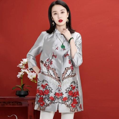 Loose Version Windbreaker Womens Mid-Length Retro Embroidery Autumn And Winter New Chinese Style Coat Plus Size M-3XL