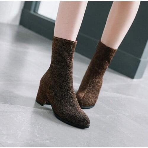 Womens Boots winter new style fashion Stretch Fabric Pointed zipper Thick heel mid heel Short tube Womens shoe plus size 34-43