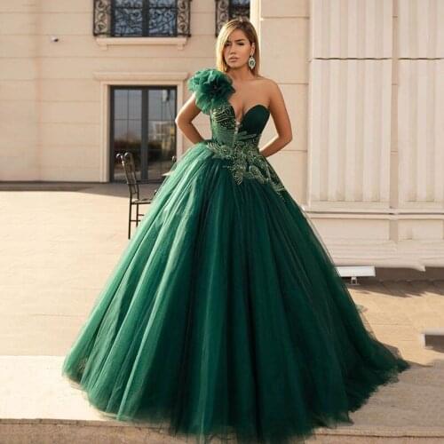 One Shoulder Green Evening Dresses Sweetheart Beaded Tulle 3d Flower Corset Prom Gowns party dresses women evening