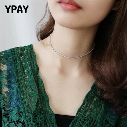 YPAY Authentic 925 Sterling Silver Choker Necklace for Women Korean Trendy Tennis Zircon Necklaces Fine Wedding Jewelry YMN140