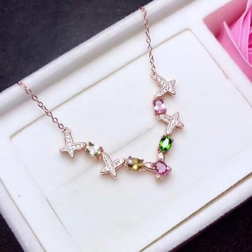 Elegant delicate geometry natural Multicolor tourmaline necklace natural gemstone pendant necklace S925 silver girl gift jewelry