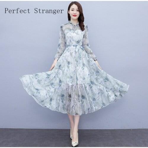 2021 Autumn New Arrival High Quality Elegant Bow Collar Collect Waist Flower Print Women Long Chiffon Dress