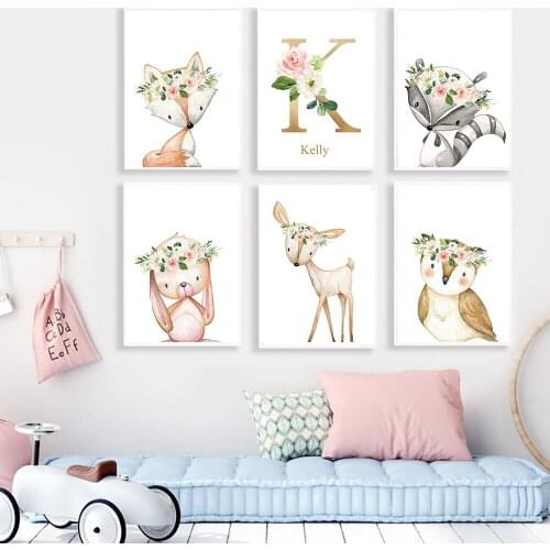 Animal Fox Deer Rabbit Canvas Painting kids Name Personalized Custom Nursery Posters Wall Art Print Nordic Kids Room Home Decor