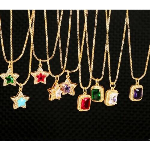 10Pcs, Dainty Bling Jewelry Gold Plated Big Zircon CZ Diamond Star Rectangle Pendant Chain Statement Necklace