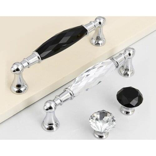 2Pcs Crystal Funiture Knobs Glass Pull For Drawer Cabinet Cupboard Wardrobe Door, Dresser, Available in Black,White, 96mm 128mm