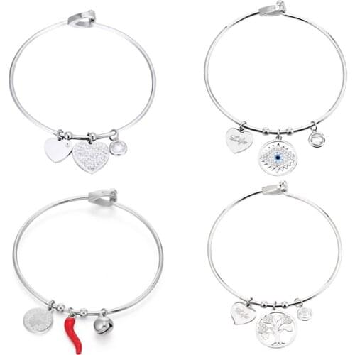 Tainless Steel Evil Eye Red Chili Pepper Charms Bracelet For Women Tree Of Life Heart Pulsera Girls Party Jewelry Gift Bangles