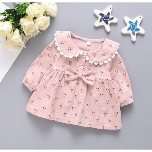 NEW Newborn Infant Baby Girls Kids Winter Dress Kids Long Sleeve Cherry Cotton Lace Cute Bow Dress Outfits Set Clothes for 0-4T