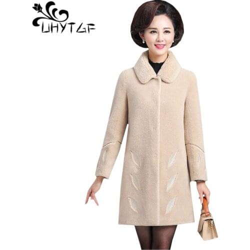 UHYTGF Quality Mink collar sheep shearing winter fur coat Women Mid-length casual plus size coats fashion Slim wool fur coat 974
