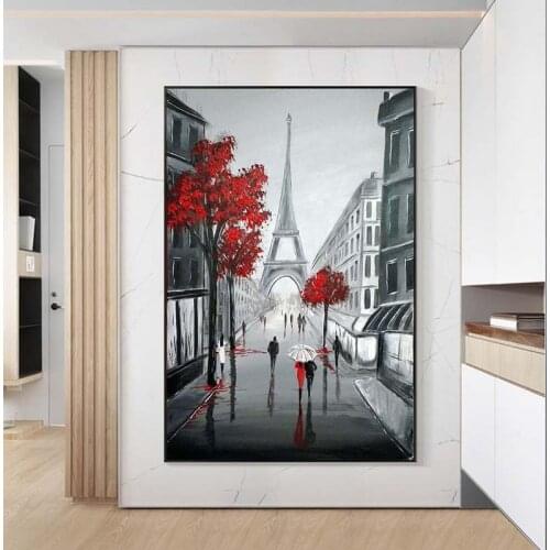 Paris Street View in Black and Red Oil Painting City Landscape Poster Print Wall Art Canvas Picture for Living Room Home Decor