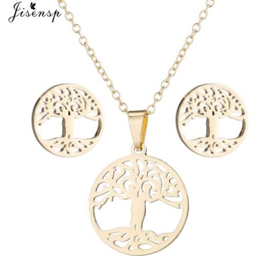 Jisensp Tree of Life Necklace Earrings Set Stainless Steel Round Necklaces Pendants Chain for Women and Men Gift Amulet Jewelry