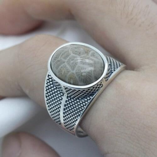 Real 925 Sterling Silver Mens Ring with Big Natural Coral Stone Vintage Punk Male Women Ring Antique Silver Turkey Jewelry Gift