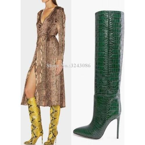 INS Popular Crocodile Print Stiletto Heel Long Boots Woman Sexy Pointed Toe Snakeskin Leather Knee High Boots Lady Knight Boots