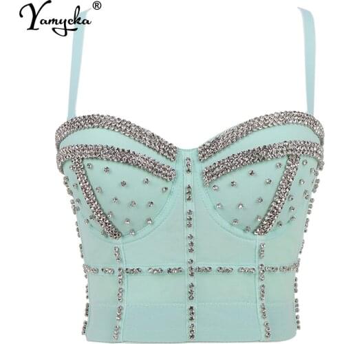 Sexy Black rhinestone bustier corset crop top women summer Party halter y2k tank top Push Up bra night club Cropped womens tops